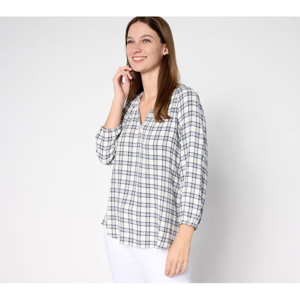 Wacoal Women's Top Plus Sz 3X Mini Plaid Weekend Peasant Shirt Blue A691854